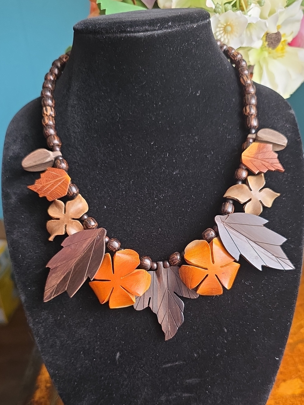 Handcrafted Wooden Brown & Orange Leaf Floral Necklace